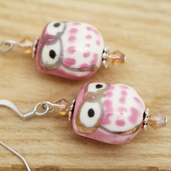 Pink Hand Painted Porcelain Owl Beaded Earrings - Handmade & Hypoallergenic - Picture 2 of 7
